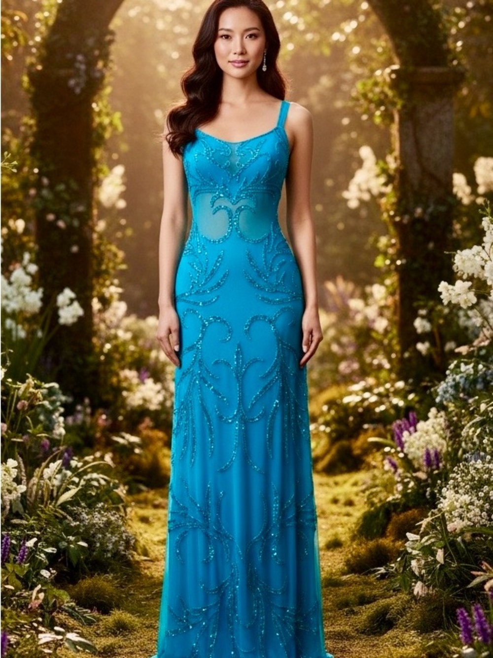 Elegant Turquoise hand Beaded Evening Dress power mesh stretch fabric STUNNING